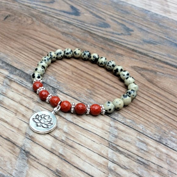 Dalmatian Jasper bracelet with Lotus charm, Red Jasper, healing bracelet - Picture 2 of 9